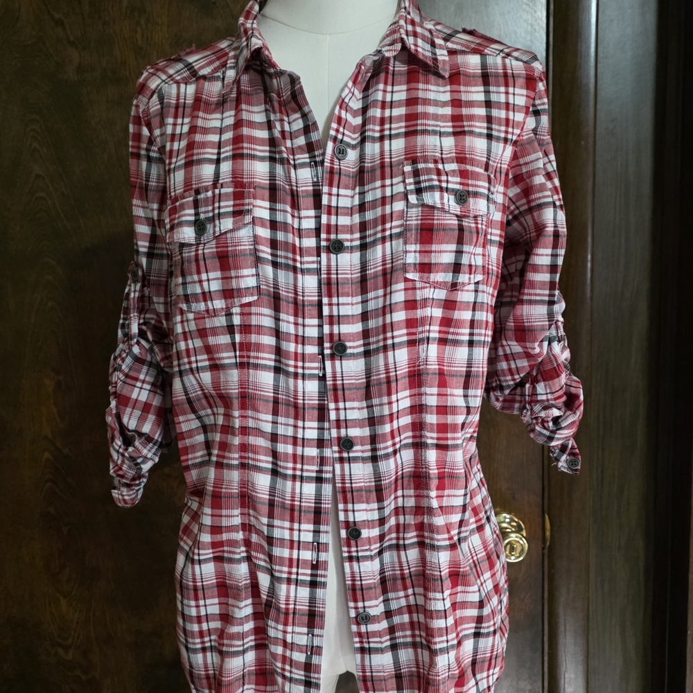 Wishful Park Red and White Plaid Button Up Shirt